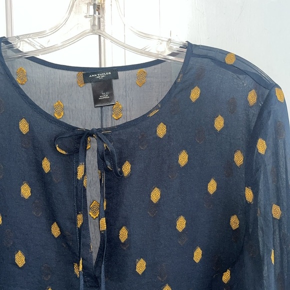 Ann Taylor Sheer Navy Blouse with Gold Embroidered Detail Size Medium - Picture 4 of 8